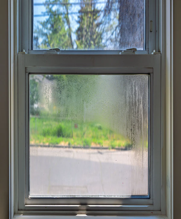 A white double-pane window showing heavy interior condensation and water streaks, signaling a drafty window and seal failure.