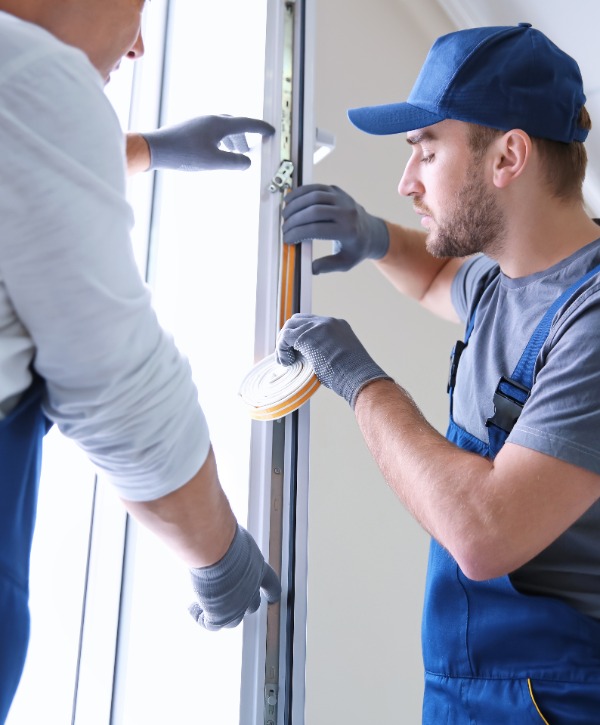 two people installing window weatherstripping in a residential house