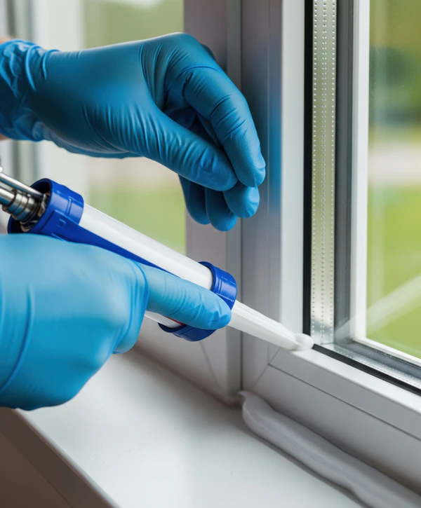 Expert technician wearing blue gloves using a caulking gun for residential window recaulking to improve home insulation.