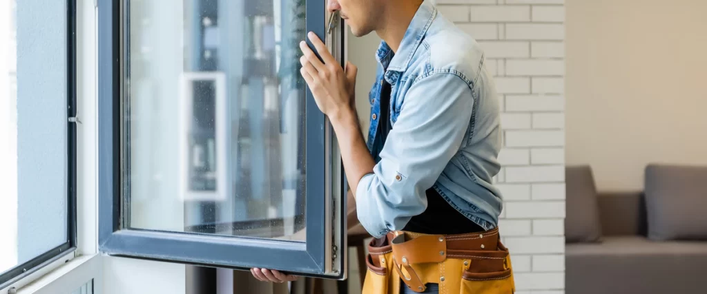 A contractor in a denim shirt and tool belt inspecting the hinges of newly installed dark-framed windows for a lake home.